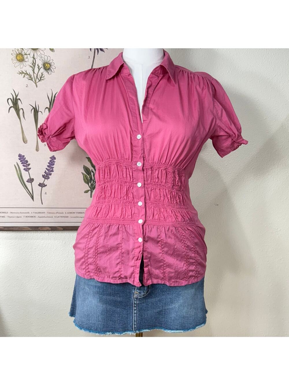 Y2k Pink Smocked Puff Sleeve Button Up Blouse Top Dolly Gyaru Trashy Bimbo M